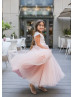 Pink Floral Appliques Tulle Romantic Flower Girl Dress